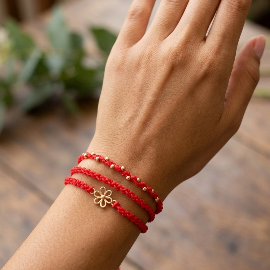 PULSERA TRIPLE ROJA CON FLOR
