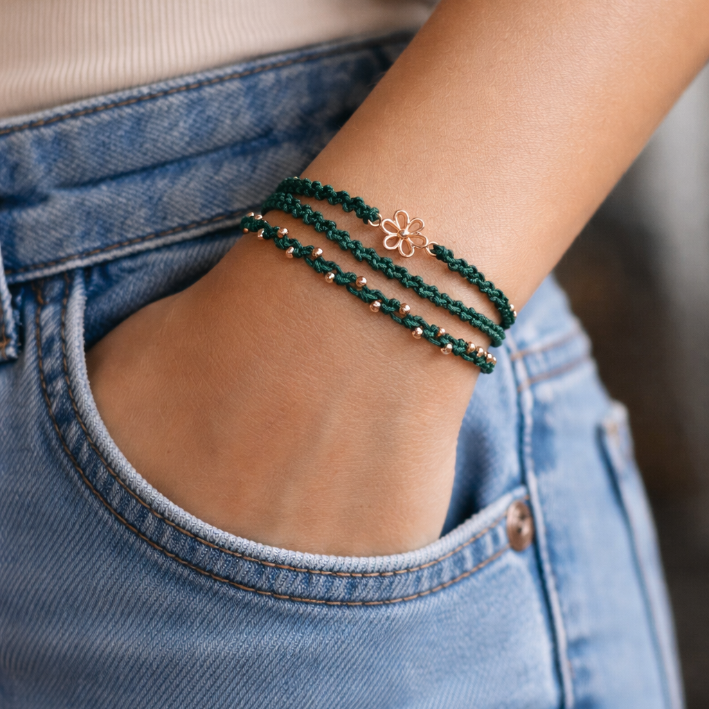 PULSERA TRIPLE VERDE CON FLOR