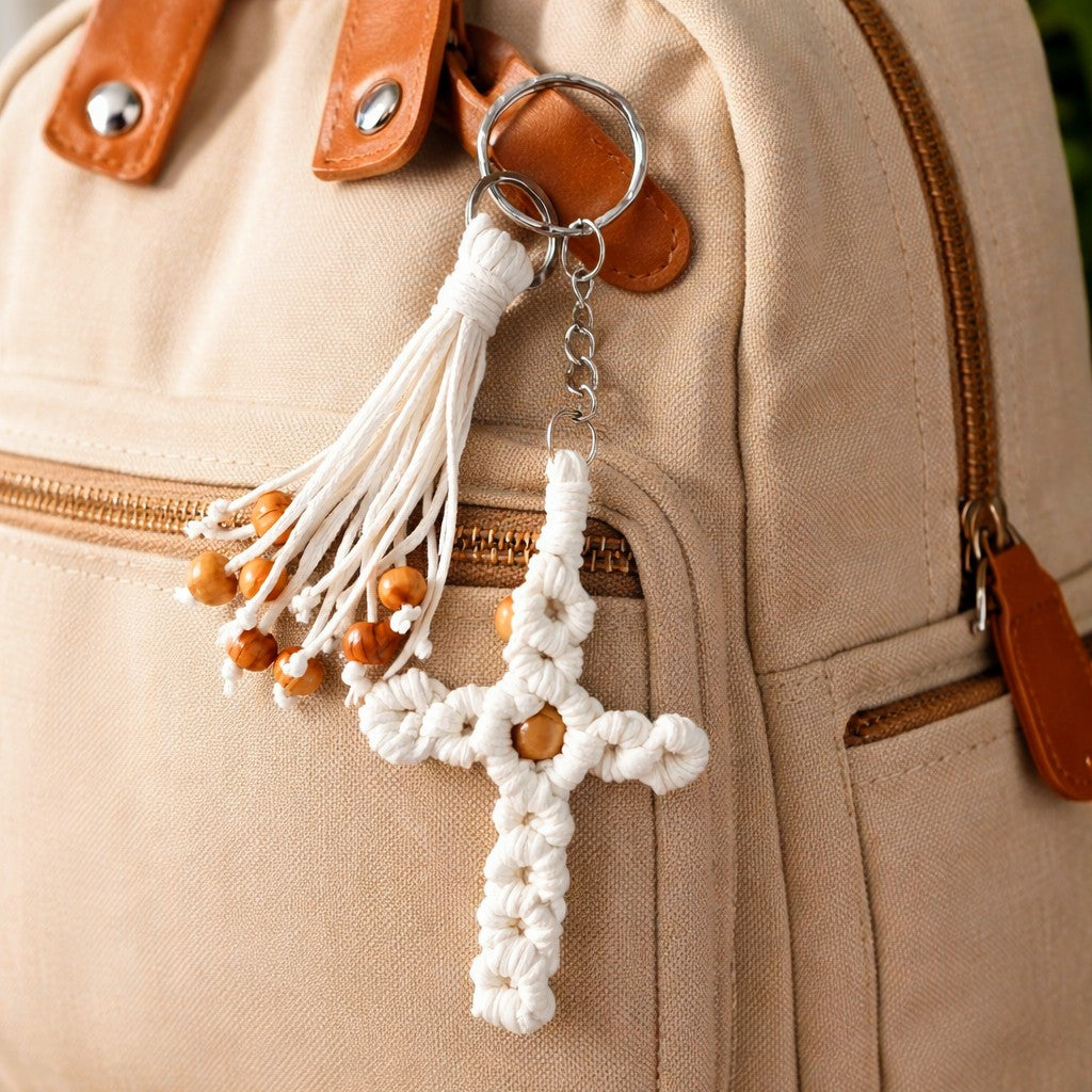 LLAVERO CON CRUZ Y BORLA  BEIGE