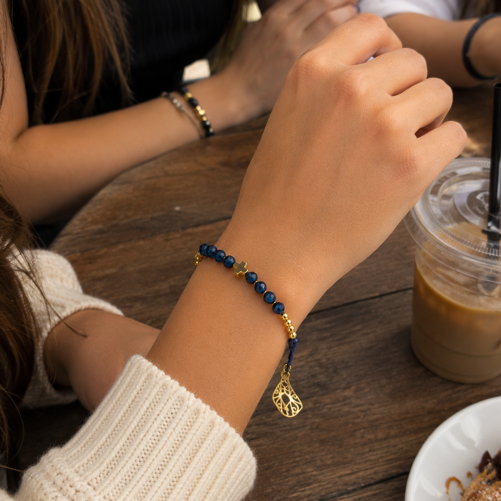 PULSERA ROSARIO CRISTALES AZULES ✝️