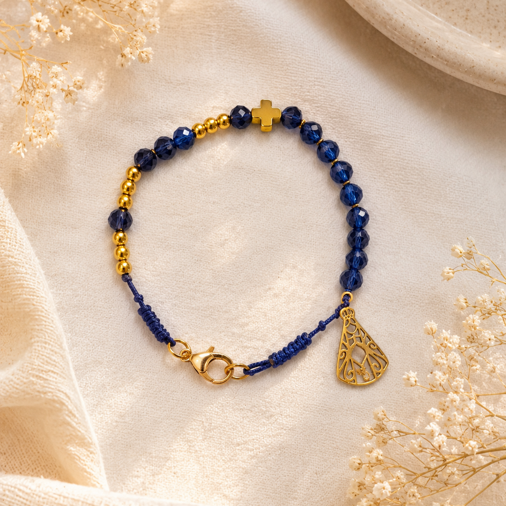 PULSERA ROSARIO CRISTALES AZULES ✝️